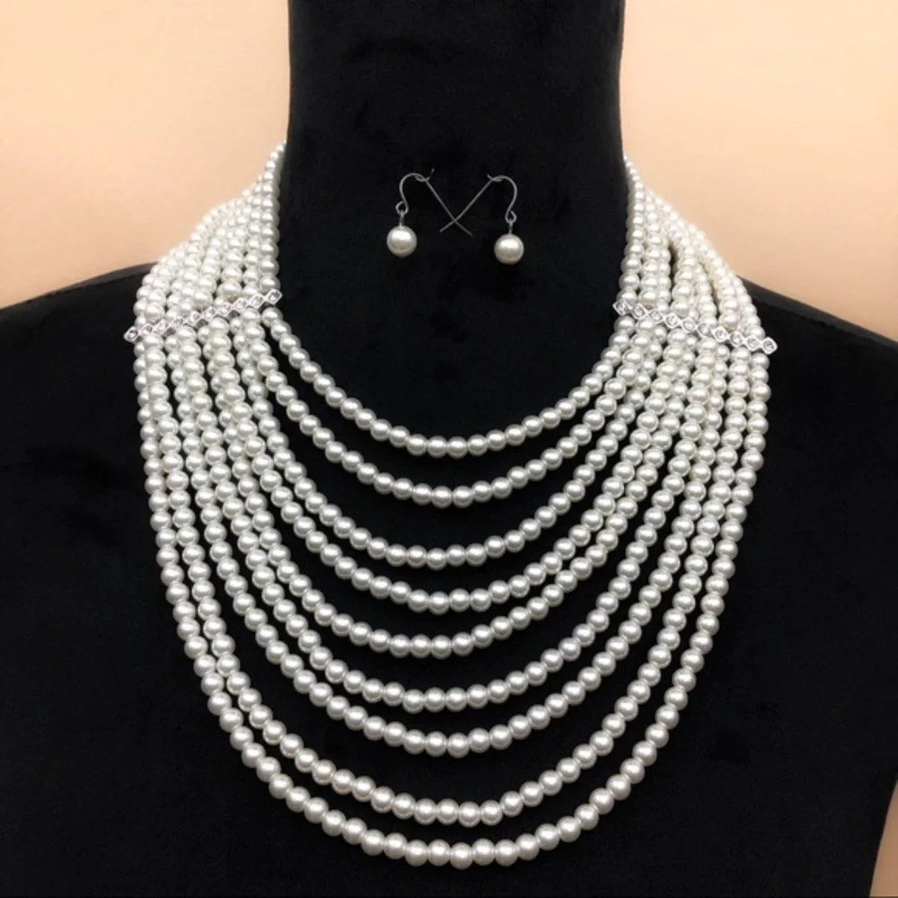 9 Row Layered Pearl Statement Necklace & Earrings Set - Picture 1 of 4